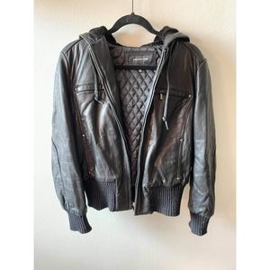 JONES NEW YORK Genuine Black Leather Jacket with Hood Women's Large